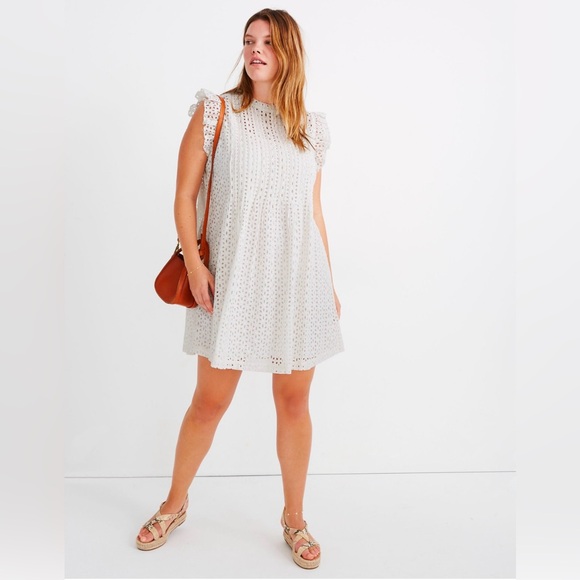 Madewell Dresses & Skirts - NWT Madewell Eyelet Ruffle-Sleeve Pintuck Mini dress lighthouse white sz L AN137